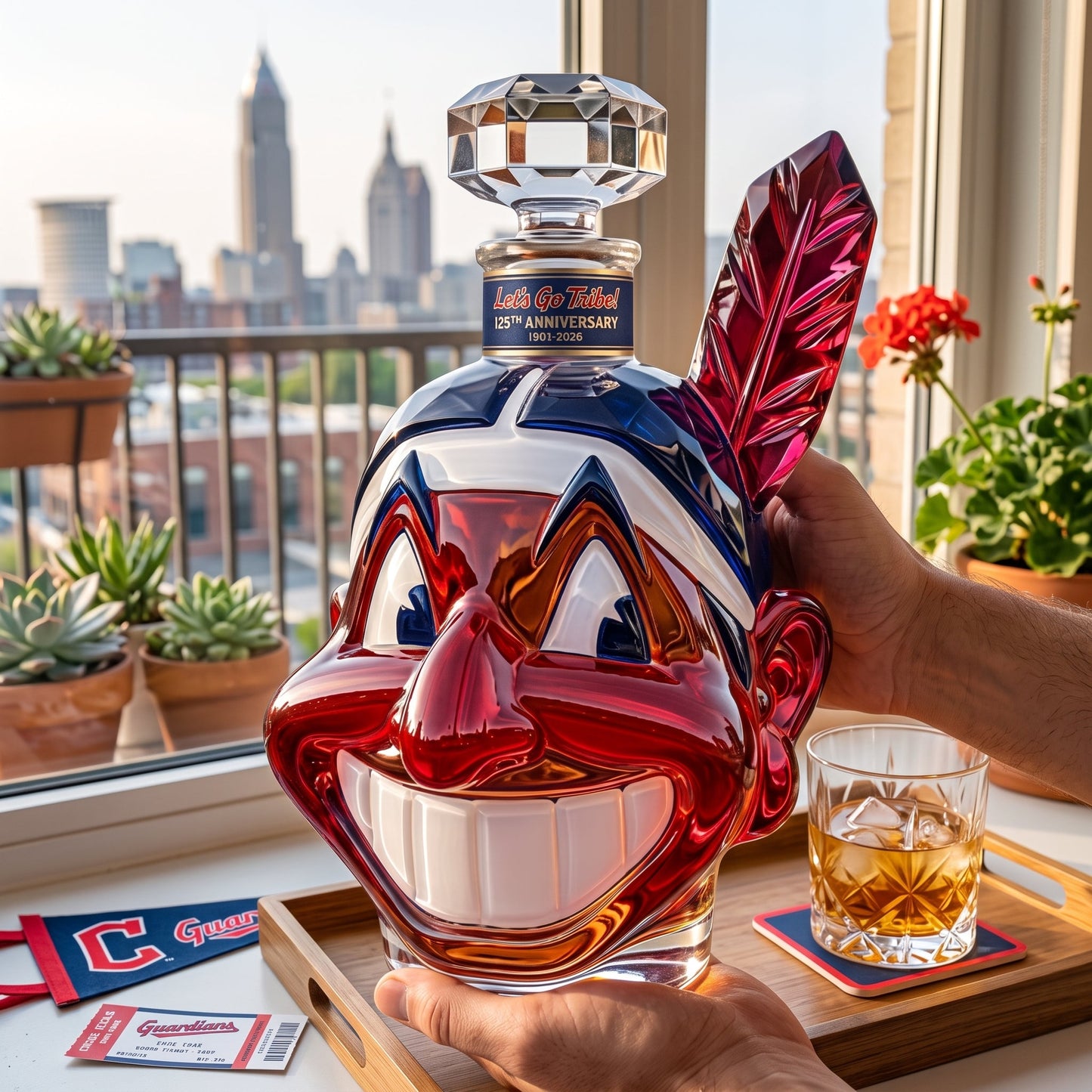 Let's Go Tribe! 125th Anniversary Chief Wahoo Whiskey Bottle