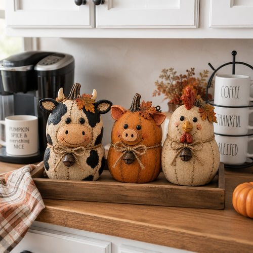 Rustic farm pumpkin friends cow pig chicken fall decor set