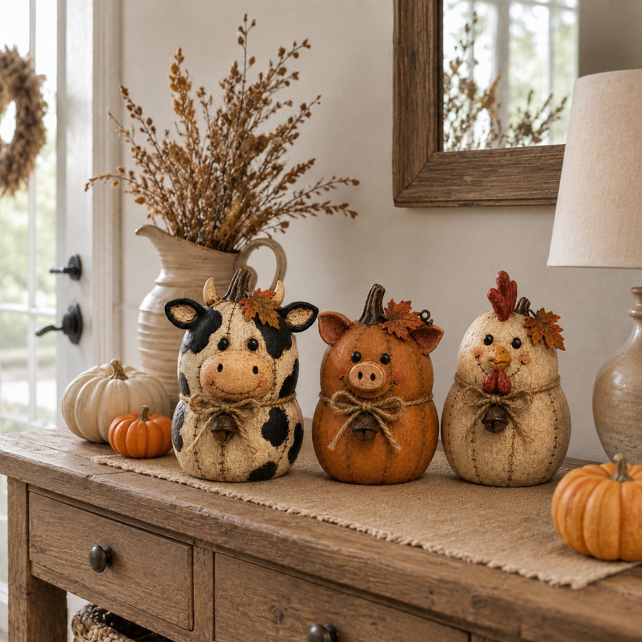 Rustic farm pumpkin friends cow pig chicken fall decor set