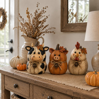 Rustic farm pumpkin friends cow pig chicken fall decor set