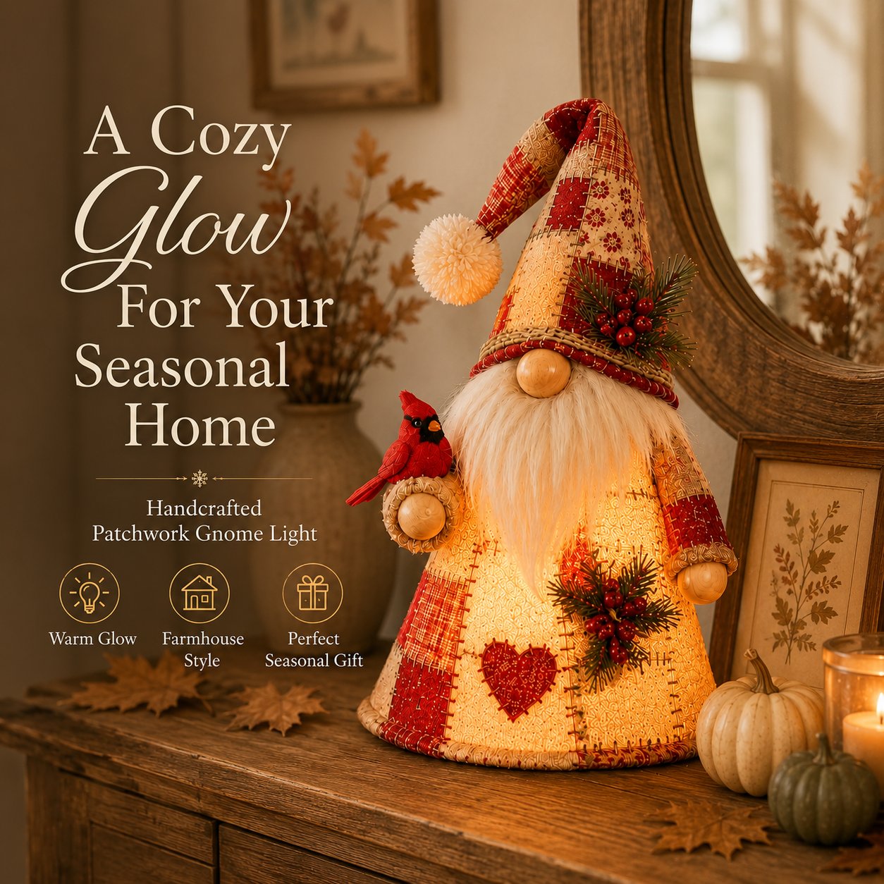 🔥LAST DAY 49% OFF 🐦 Patchwork Bird Gnome Light | Farmhouse Holiday Decor