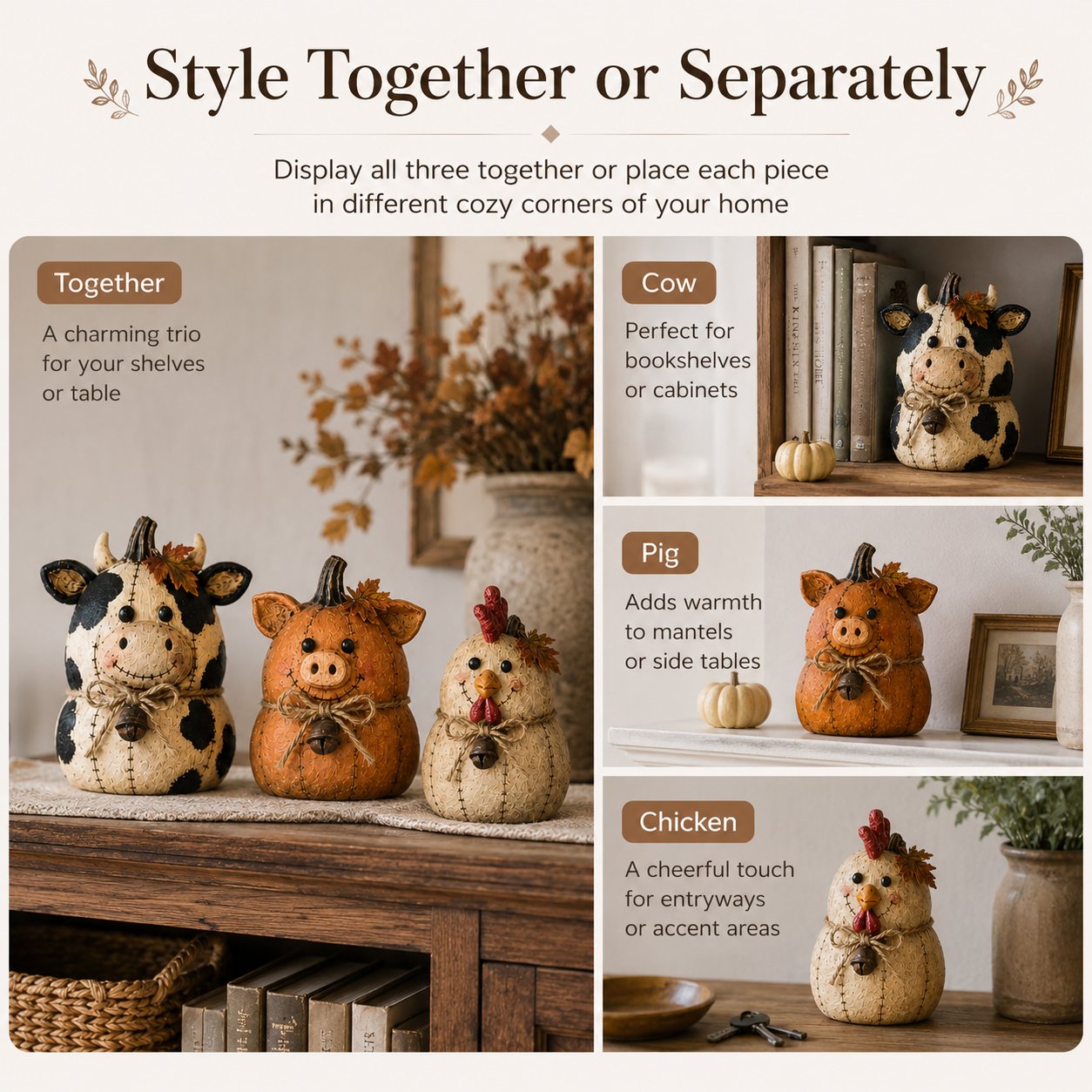 Rustic farm pumpkin friends cow pig chicken fall decor set