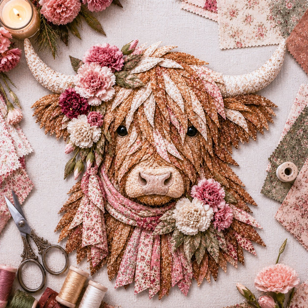 🔥 🐮 DIY Highland Cow 3D Fabric Art Kit with Beautiful Birth Flower Design 🌸✨