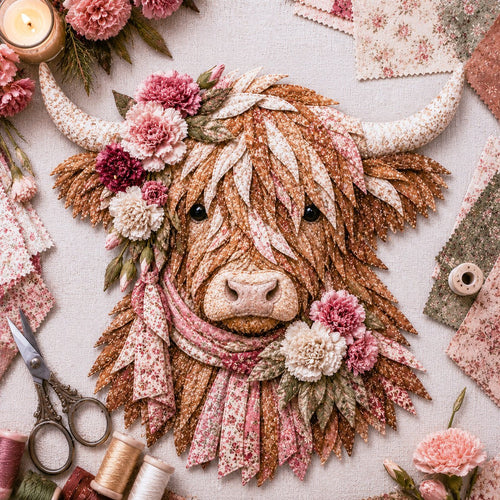 🔥 🐮 DIY Highland Cow 3D Fabric Art Kit with Beautiful Birth Flower Design 🌸✨