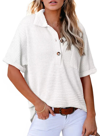 🔥2026 HOT SEAL ! ! !🔥100% Cotton Women's Waffle Knit Short Sleeve Tunic Henley Shirts