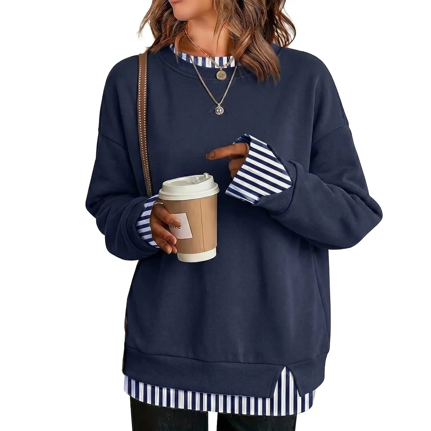 Fake Two‑Piece Oversized Crew Neck Sweatshirt | Air‑Layer Fabric Casual Top✨
