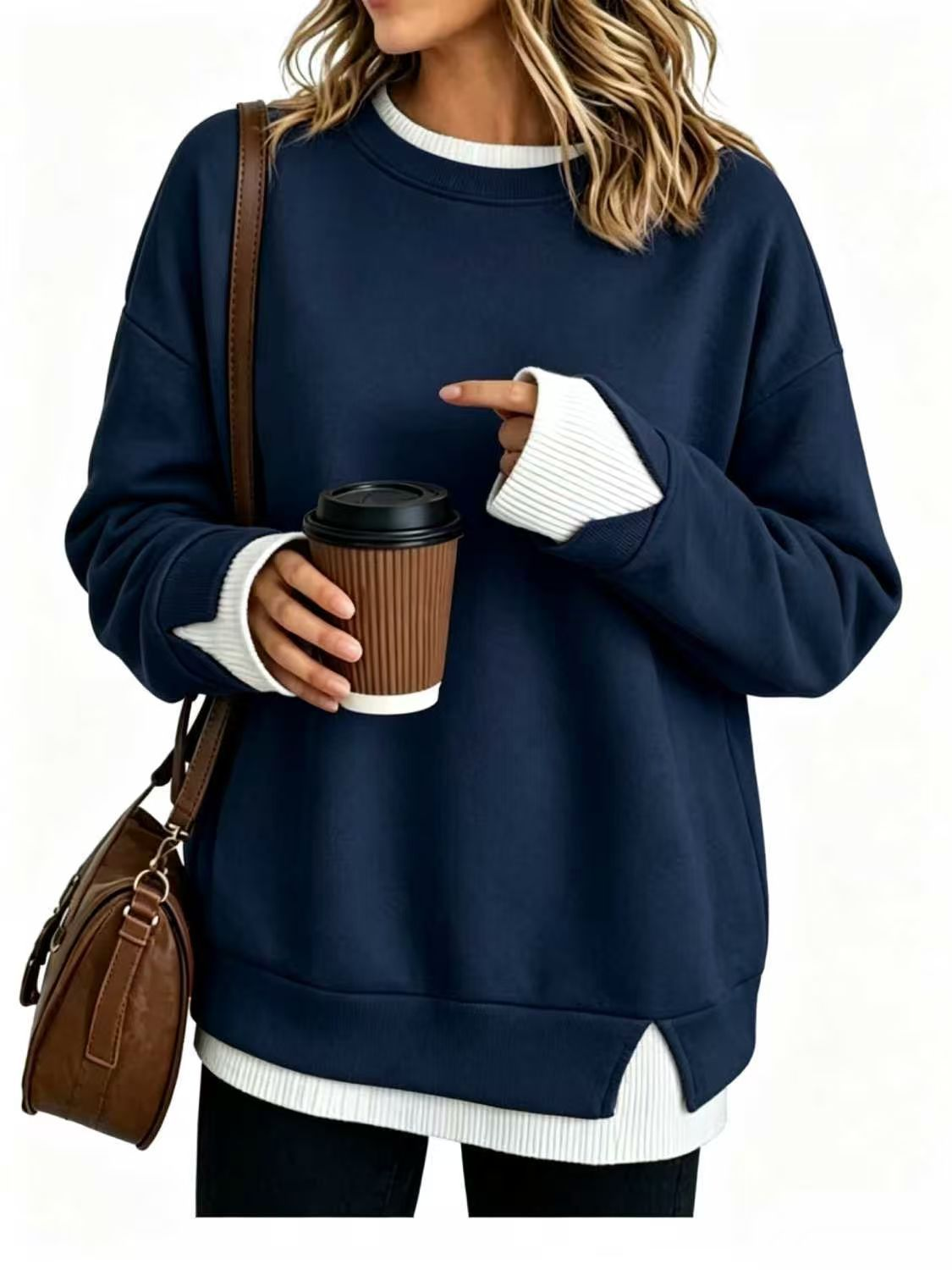 Fake Two‑Piece Oversized Crew Neck Sweatshirt | Air‑Layer Fabric Casual Top✨