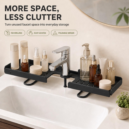Drill-Free Foldable Faucet Storage Rack Carbon Steel Hollow Design Corner | 180 Degree Multi-angle Rotatable Adjustable over