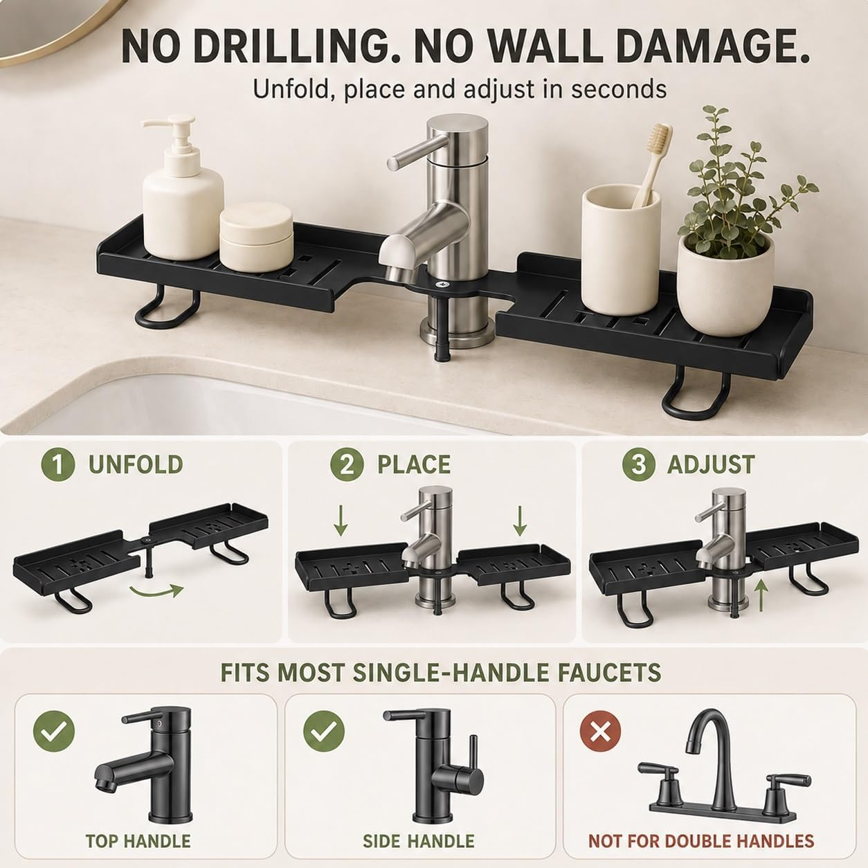 Drill-Free Foldable Faucet Storage Rack Carbon Steel Hollow Design Corner | 180 Degree Multi-angle Rotatable Adjustable over