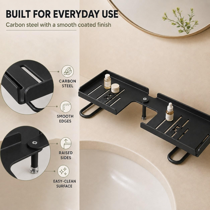 Drill-Free Foldable Faucet Storage Rack Carbon Steel Hollow Design Corner | 180 Degree Multi-angle Rotatable Adjustable over