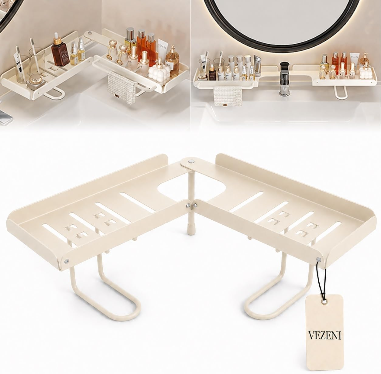 Drill-Free Foldable Faucet Storage Rack Carbon Steel Hollow Design Corner | 180 Degree Multi-angle Rotatable Adjustable over