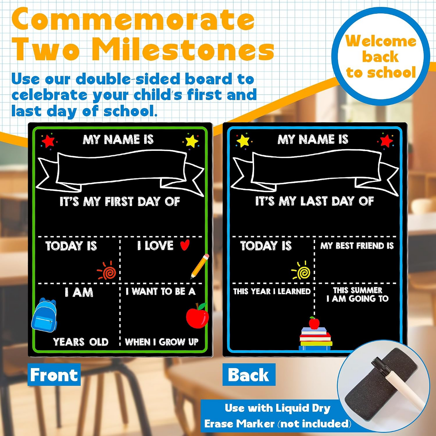 Double Sided First and Last Day of School Board, Easy Clean Blank Writing Board for Pre-k