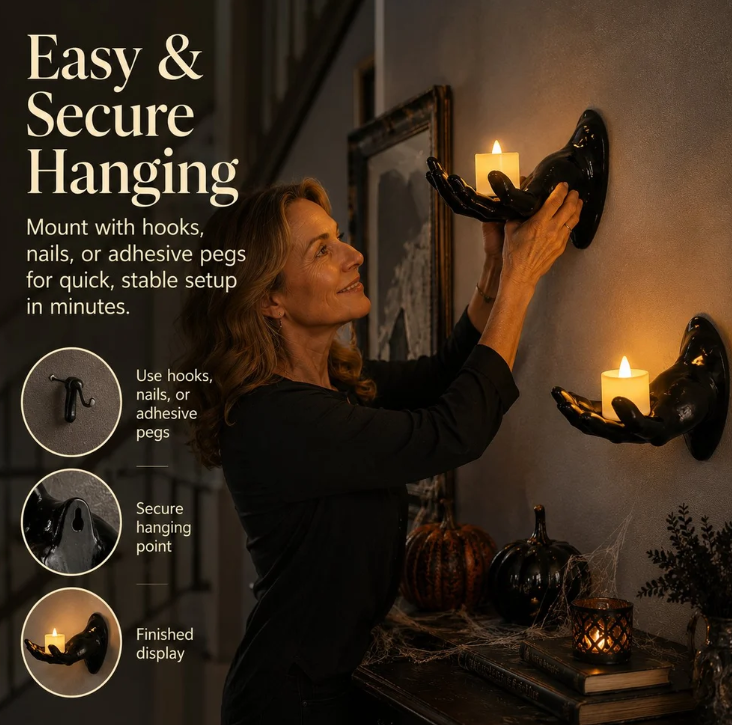 🎃Halloween Decorations, Pack of 3 Wall Mounted Creepy Reaching Hands with Lighted Candles
