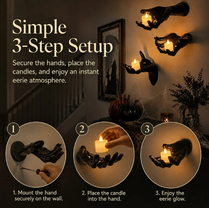 🎃Halloween Decorations, Pack of 3 Wall Mounted Creepy Reaching Hands with Lighted Candles