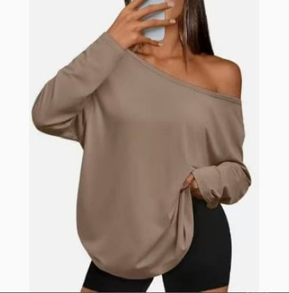Women's Off-Shoulder Thin Sweatshirt/Tees, Wide Neckline Loose Pullover, Long Sleeve Fashion Loose Fit Top💗Buy Two Free Shipping