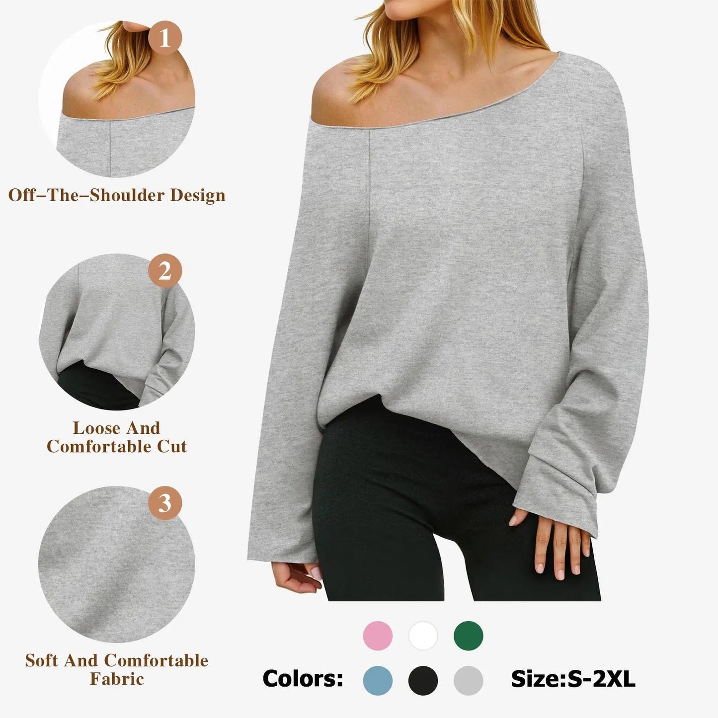 Women's Off-Shoulder Thin Sweatshirt/Tees, Wide Neckline Loose Pullover, Long Sleeve Fashion Loose Fit Top💗Buy Two Free Shipping