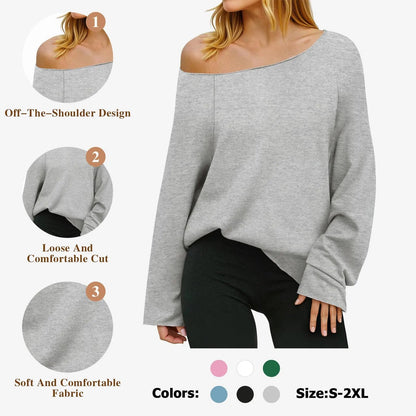 Women's Off-Shoulder Thin Sweatshirt/Tees, Wide Neckline Loose Pullover, Long Sleeve Fashion Loose Fit Top💗Buy Two Free Shipping
