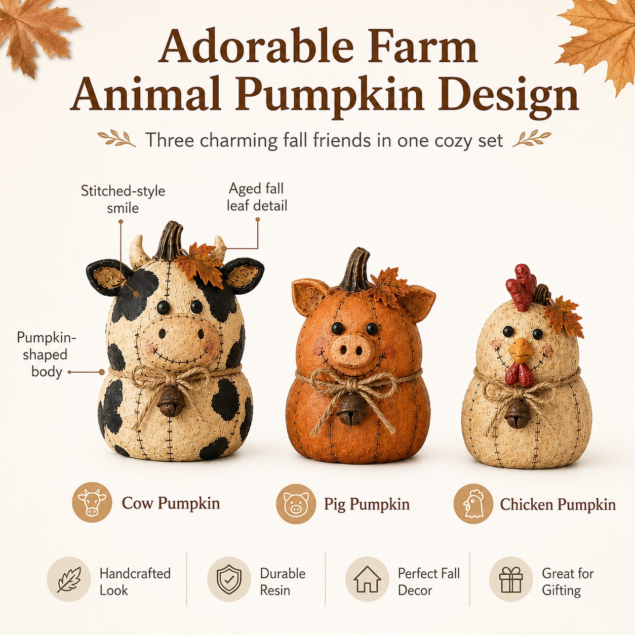 Adorable farm animal pumpkin design cow pig chicken