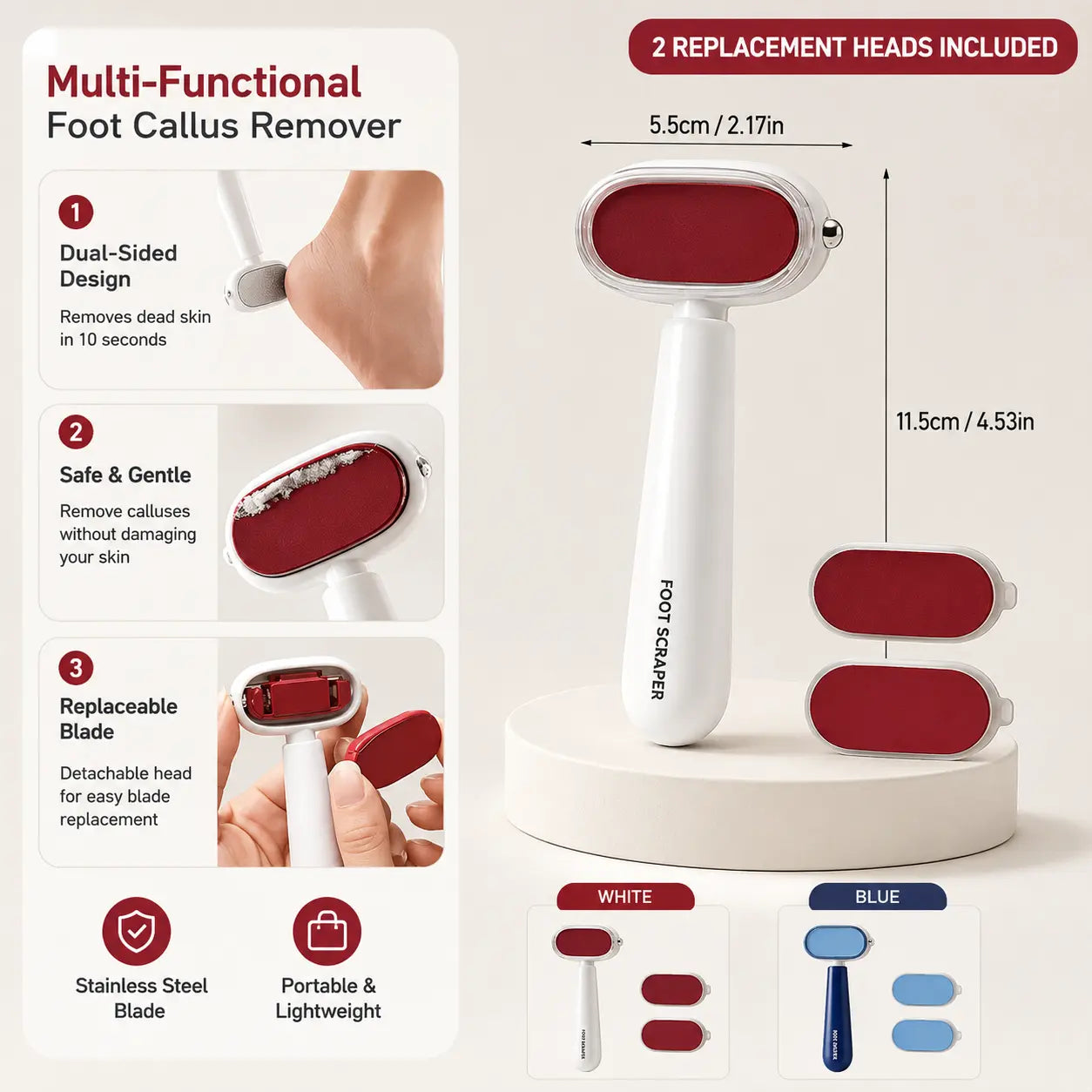 Dual‑Sided Foot Callus Remover, Replaceable Stainless Steel Blade Foot Scraper 🦶