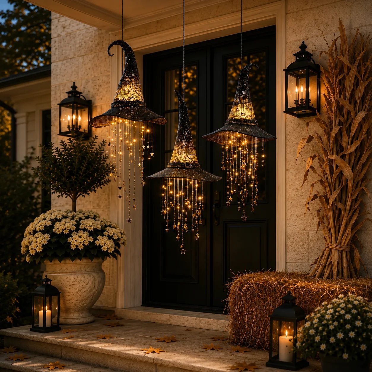 3 Pack Lighted Hanging Witch Hat Star Garland Halloween Decor