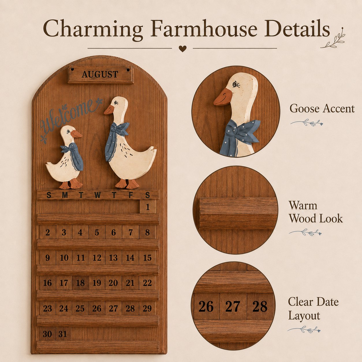 🦢 Farmhouse Goose Wooden Perpetual Wall Calendar