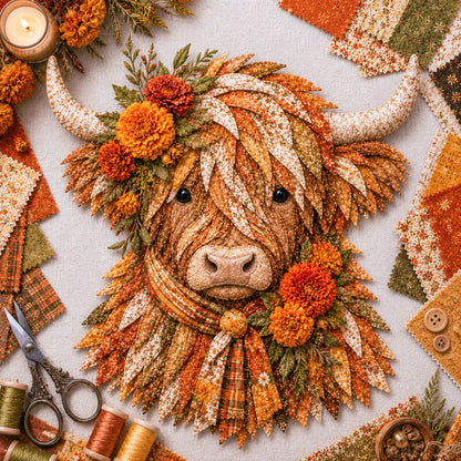 🔥 🐮 DIY Highland Cow 3D Fabric Art Kit with Beautiful Birth Flower Design 🌸✨