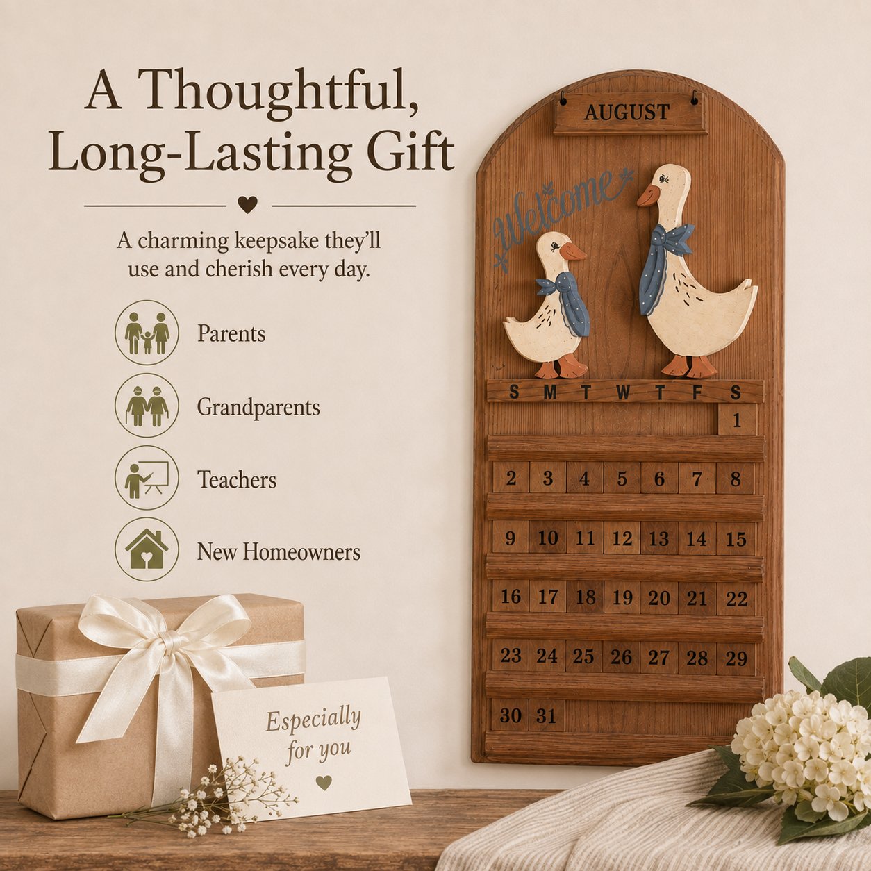 🦢 Farmhouse Goose Wooden Perpetual Wall Calendar
