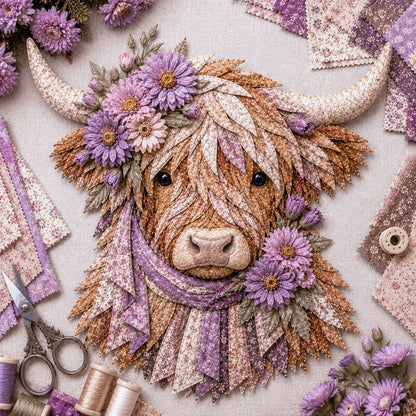 🔥 🐮 DIY Highland Cow 3D Fabric Art Kit with Beautiful Birth Flower Design 🌸✨