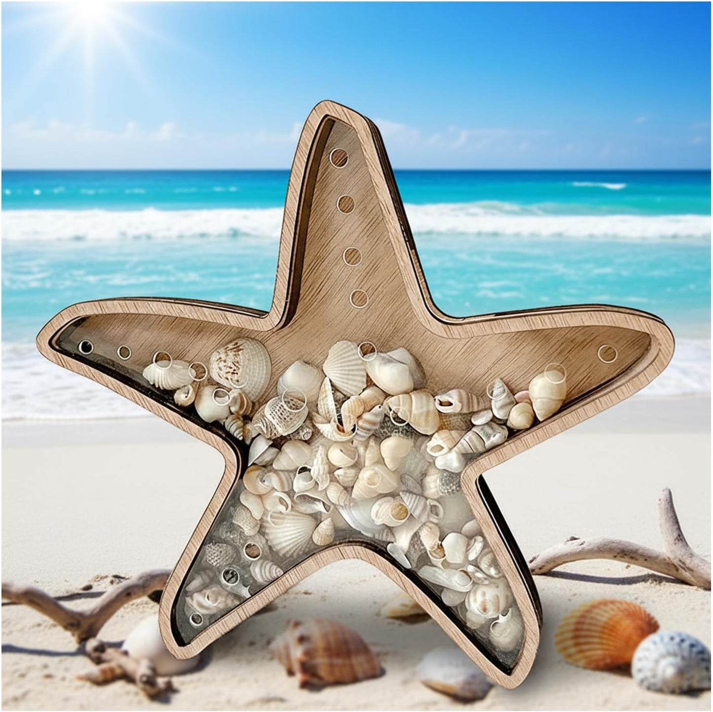 🌊Sea Shell Display Box Wooden Starfish Holder