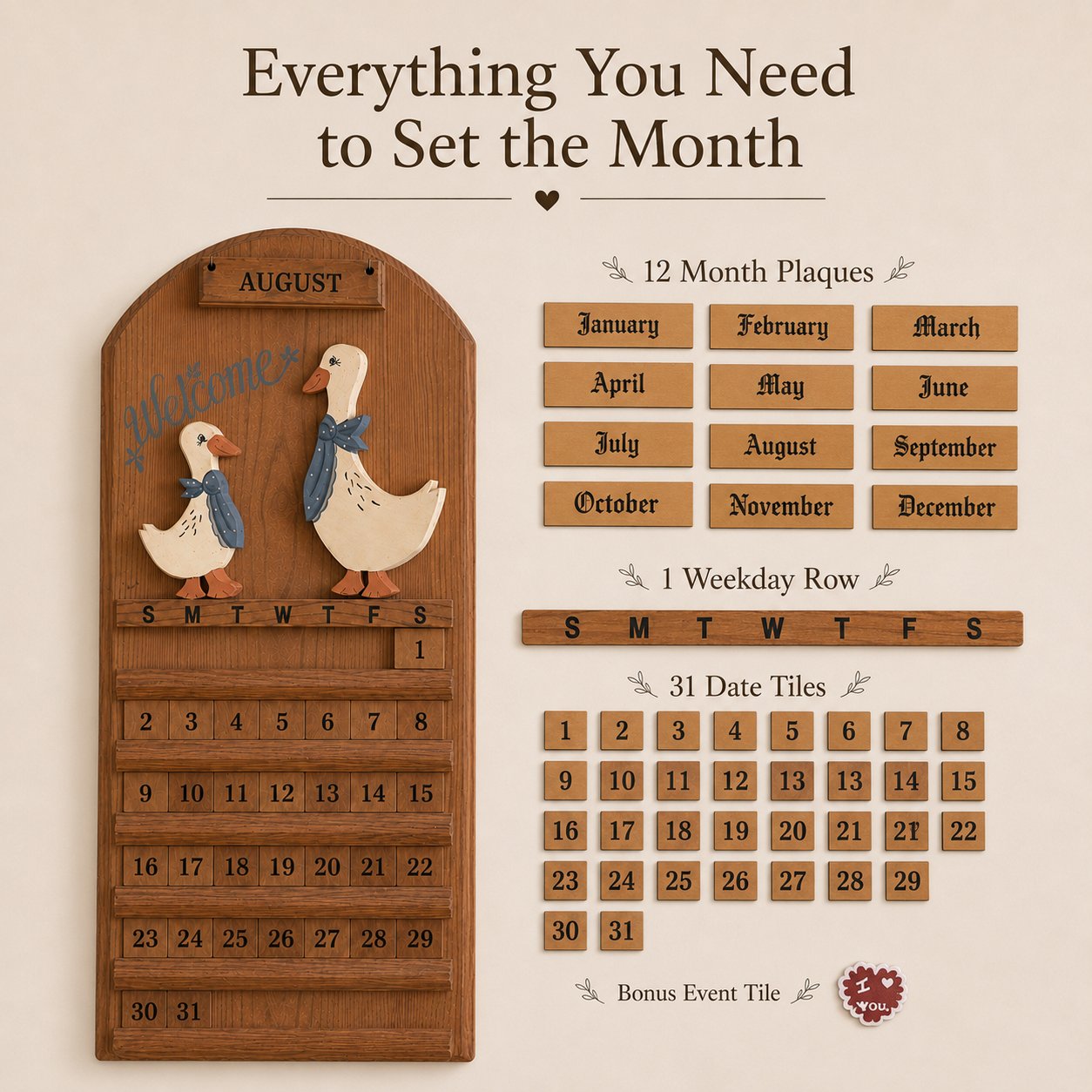 🦢 Farmhouse Goose Wooden Perpetual Wall Calendar