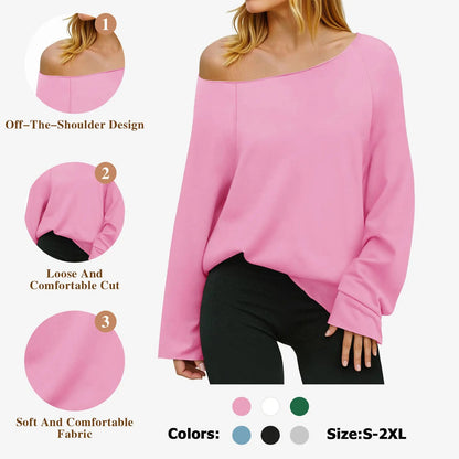 Women's Off-Shoulder Thin Sweatshirt/Tees, Wide Neckline Loose Pullover, Long Sleeve Fashion Loose Fit Top💗Buy Two Free Shipping