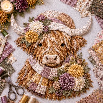 🔥 🐮 DIY Highland Cow 3D Fabric Art Kit with Beautiful Birth Flower Design 🌸✨