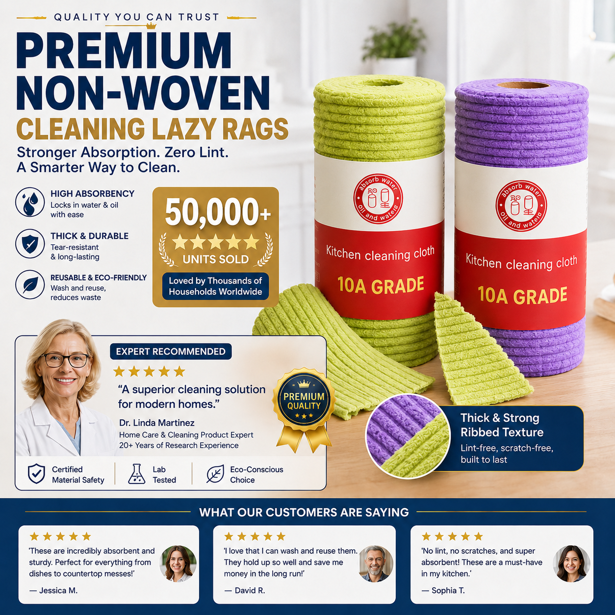 Premium Bamboo Fiber Microfiber Cloths – Tear-Off Design & Antibacterial Protection