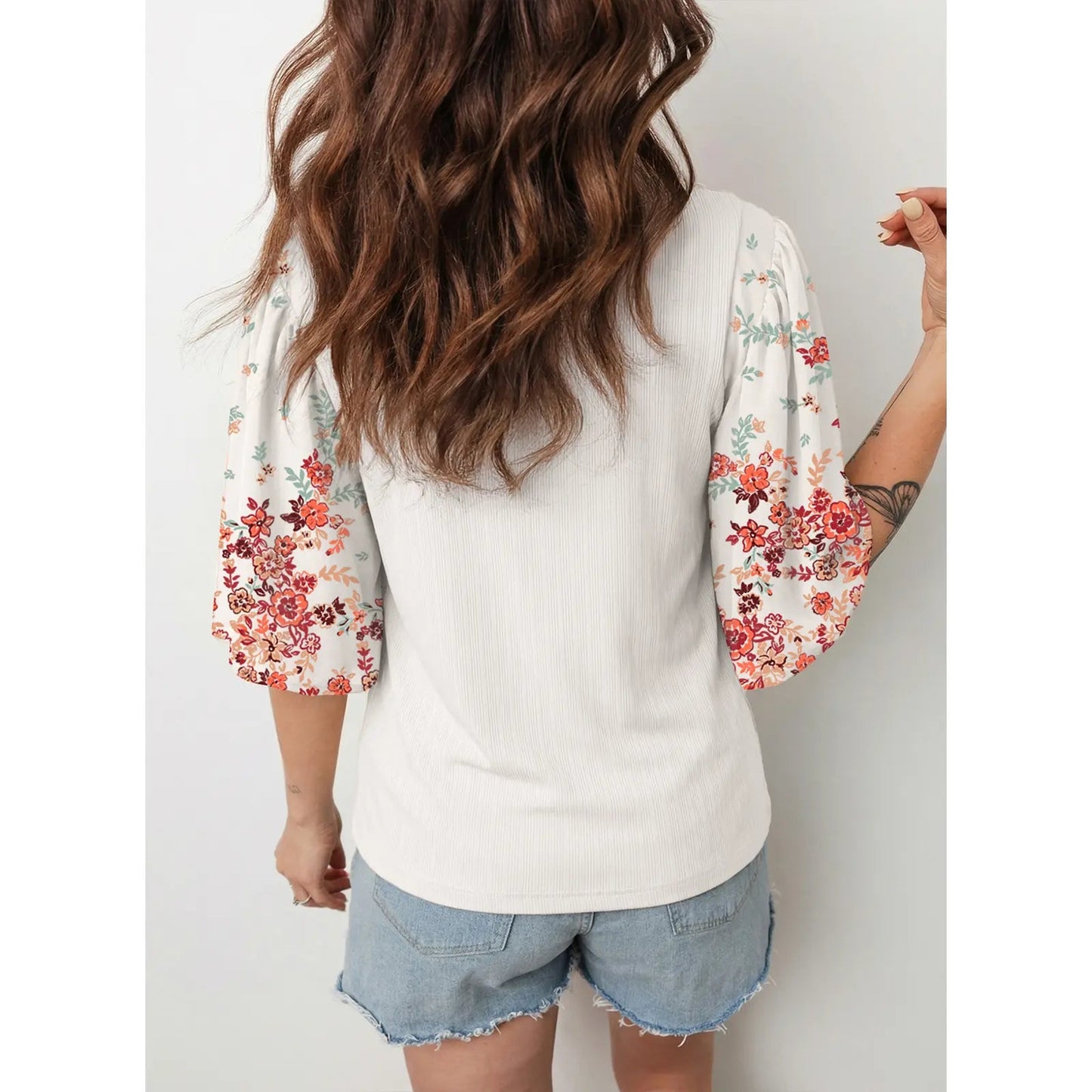 EVALESS 2026 New Women Boho Floral Patchwork Blouse, Crew Neck 3/4 Sleeve Ribbed Loose Stretchy T Shirt, Trendy Spring Summer Casual Tops