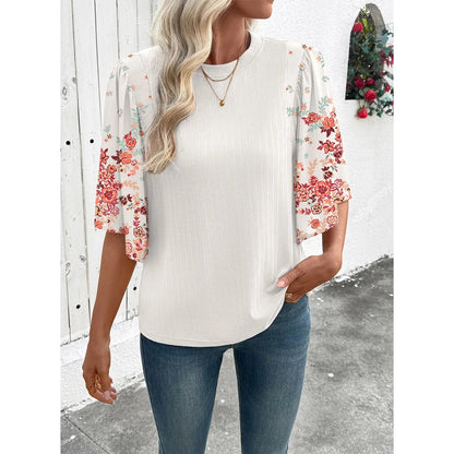 EVALESS 2026 New Women Boho Floral Patchwork Blouse, Crew Neck 3/4 Sleeve Ribbed Loose Stretchy T Shirt, Trendy Spring Summer Casual Tops