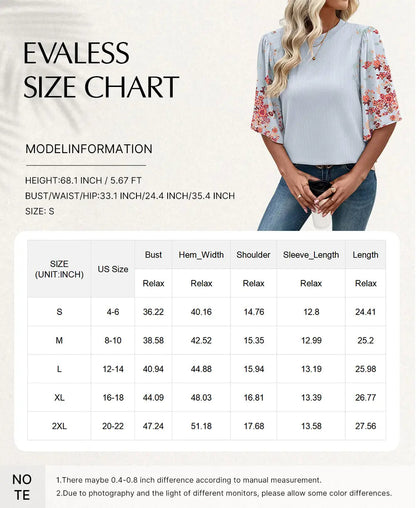 EVALESS 2026 New Women Boho Floral Patchwork Blouse, Crew Neck 3/4 Sleeve Ribbed Loose Stretchy T Shirt, Trendy Spring Summer Casual Tops