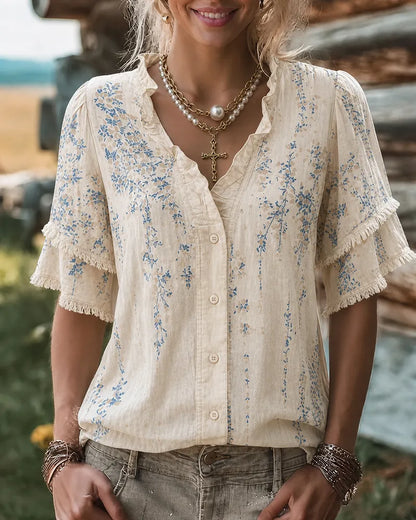 🔥2026 HOT SEAL ! ! !🔥100% Cotton Ruffle Trim V Neck Tiered Sleeve Floral Button Front Blouse