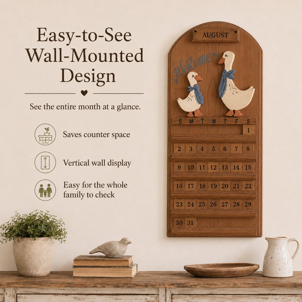 🦢 Farmhouse Goose Wooden Perpetual Wall Calendar