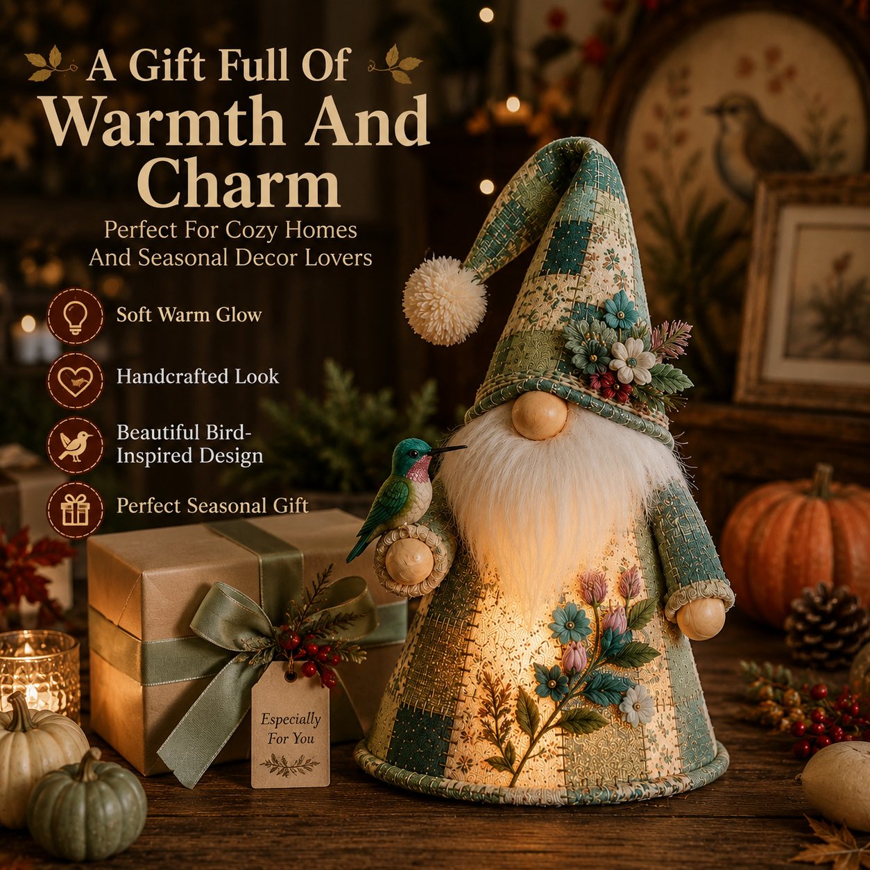 🔥LAST DAY 49% OFF 🐦 Patchwork Bird Gnome Light | Farmhouse Holiday Decor