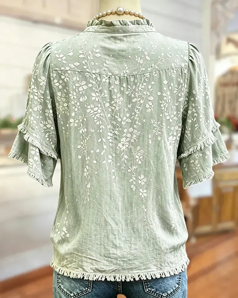 🔥2026 HOT SEAL ! ! !🔥100% Cotton Ruffle Trim V Neck Tiered Sleeve Floral Button Front Blouse