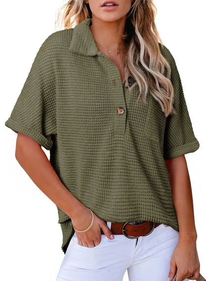 🔥2026 HOT SEAL ! ! !🔥100% Cotton Women's Waffle Knit Short Sleeve Tunic Henley Shirts
