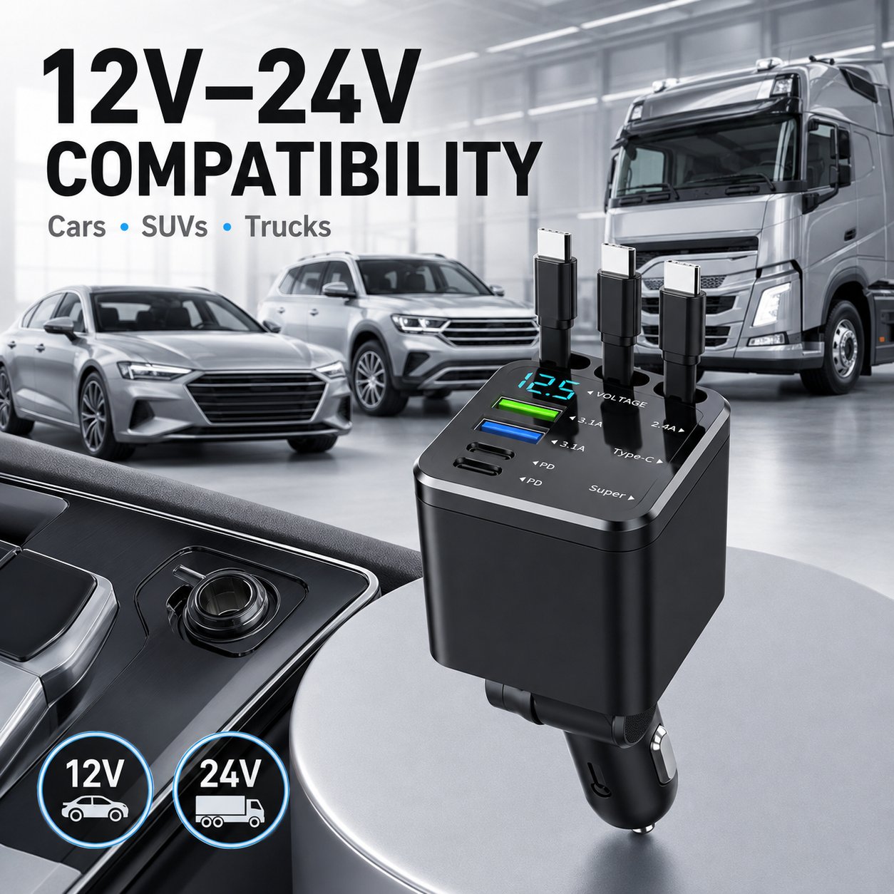 ⚡240W Fast Retractable Car Charger