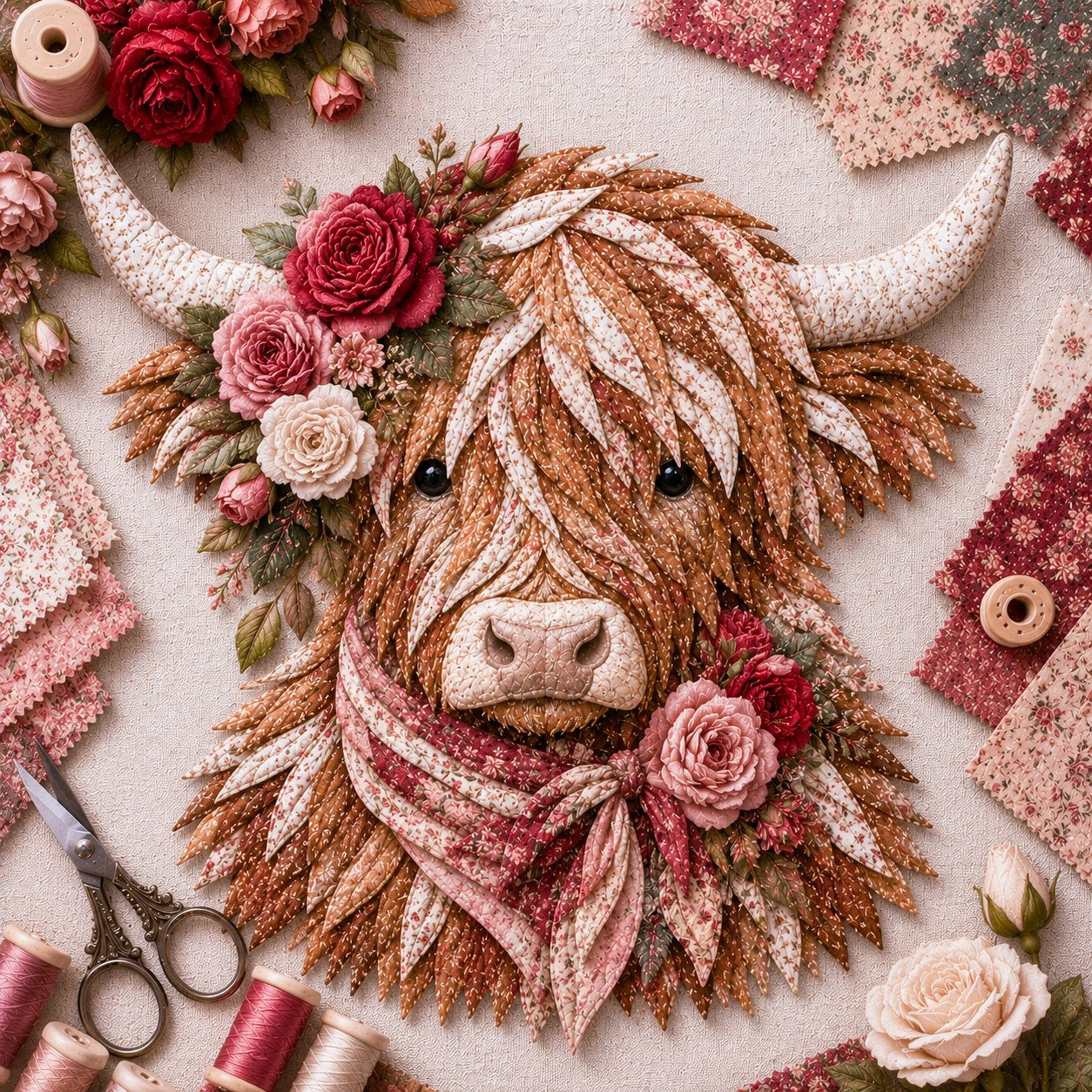 🔥 🐮 DIY Highland Cow 3D Fabric Art Kit with Beautiful Birth Flower Design 🌸✨