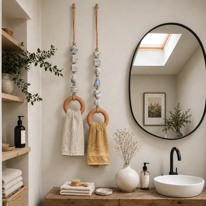 Decorative Beaded Towel Hanger with Wooden Ring