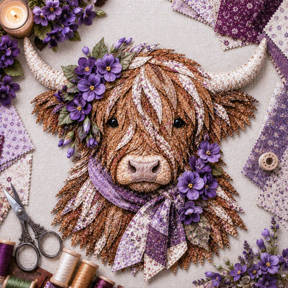 🔥 🐮 DIY Highland Cow 3D Fabric Art Kit with Beautiful Birth Flower Design 🌸✨