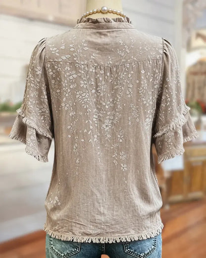 🔥2026 HOT SEAL ! ! !🔥100% Cotton Ruffle Trim V Neck Tiered Sleeve Floral Button Front Blouse
