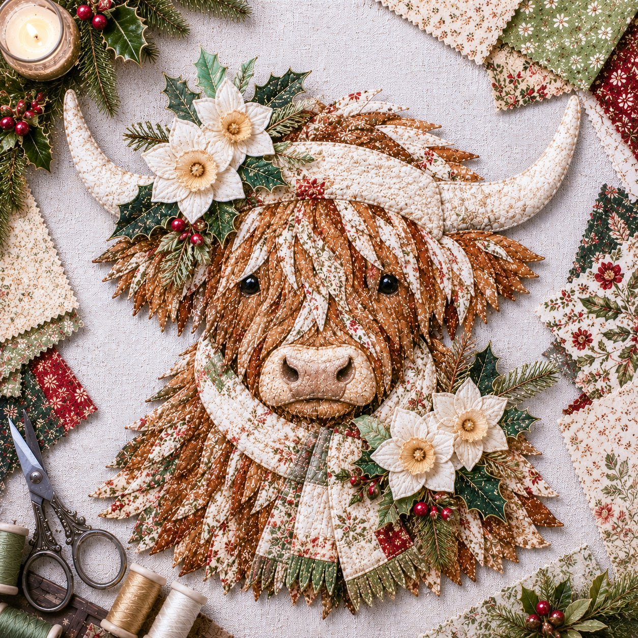 🔥 🐮 DIY Highland Cow 3D Fabric Art Kit with Beautiful Birth Flower Design 🌸✨