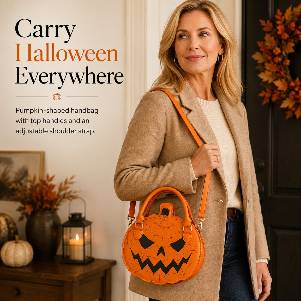 🎃 Halloween Pumpkin Handbag with Adjustable Shoulder Strap