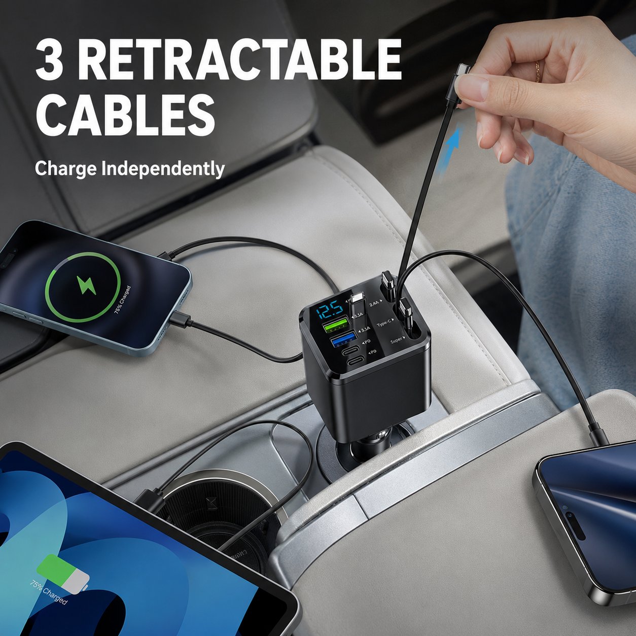 ⚡240W Fast Retractable Car Charger