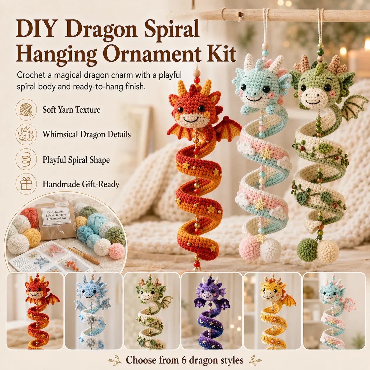 ✨Copy of Buy 3 Get 1 Free | 🐉 Beginner-Friendly DIY Enchanted Dragon Spiral Hanging Ornament Kit | Complete Kit with All Tools & Step-by-Step Guide Included 💕